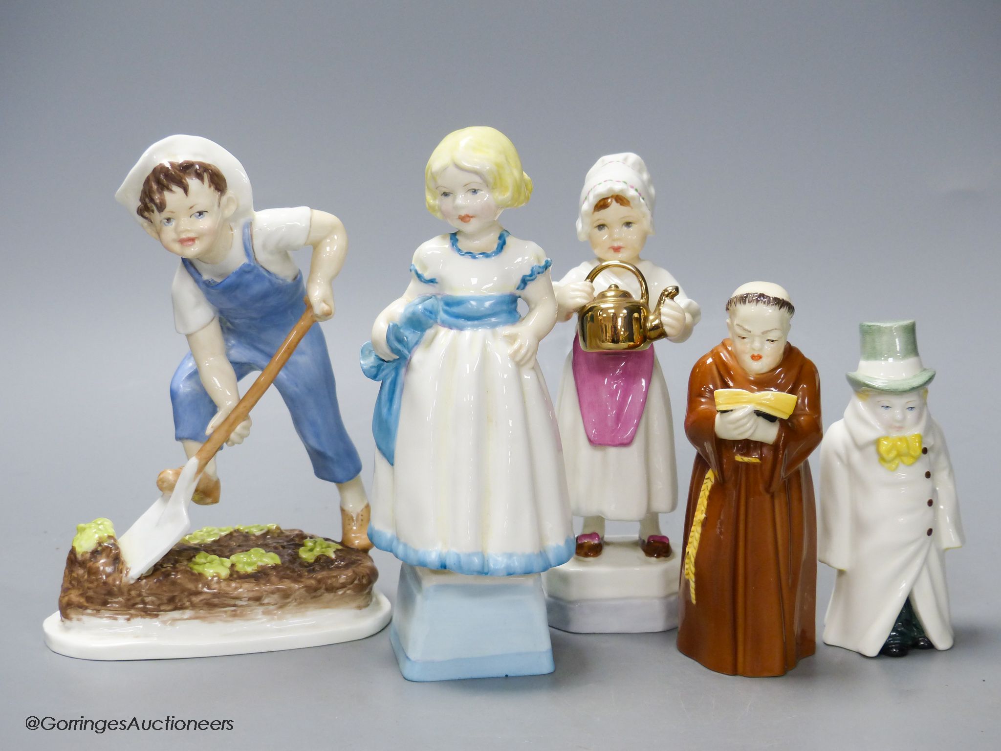 Three Royal Worcester figures, 'Saturday's Child', 'Monday's Child' and 'Polly Put the Kettle On' and two candle snuffers